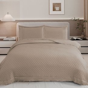 03 kit colcha cobre leito provence casal 2 porta travesseiros textil arte bege