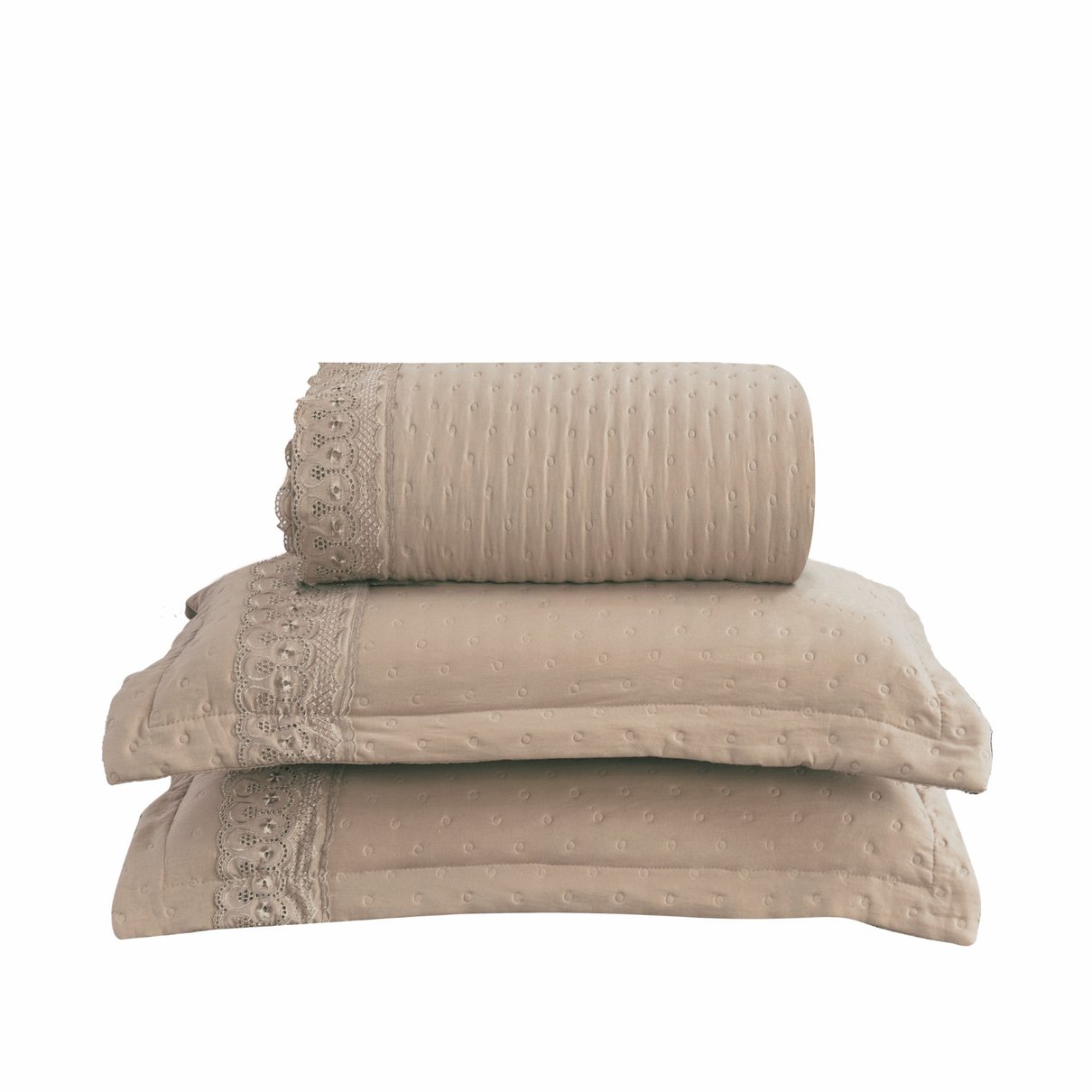 08 kit colcha cobre leito provence casal 2 porta travesseiros textil arte bege